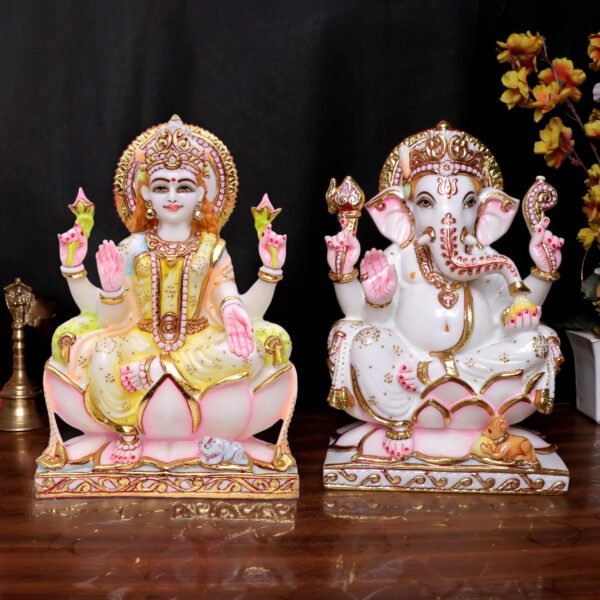 Laxmi-Ganesha Idol Showpiece for Home Decor, Set of 2 (Multicolor) Marble – 12 Inch