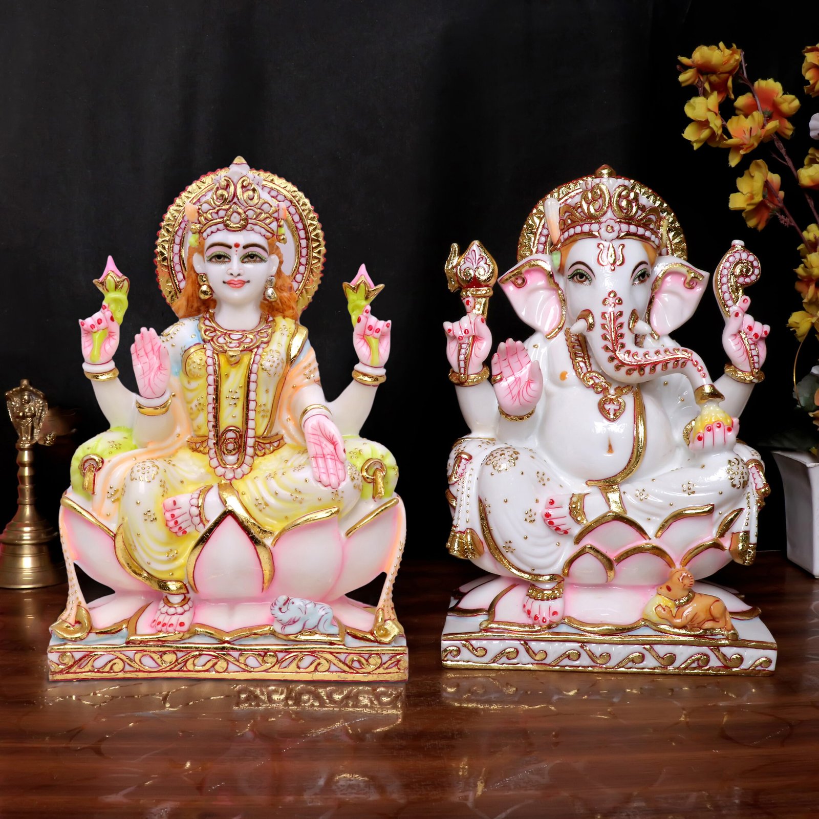 Laxmi-Ganesha Idol Showpiece for Home Decor, Set of 2 (Multicolor) Marble – 12 Inch