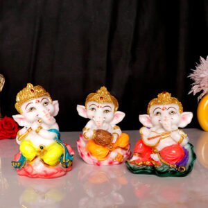 Musician Ganesha Idol Showpiece for Home Decor, Set of 3 (Multicolor) Marble – 4 Inch - Image 1