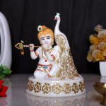 Bal Krishna Statue Sits Beside a Peacock Idol Showpiece for Home Decor (Golden Foil) Marble – 7 Inch