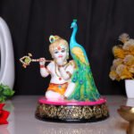 Bal Krishna Statue Sits Beside a Peacock Idol Showpiece for Home Decor (Golden Foil) Marble – 7 Inch