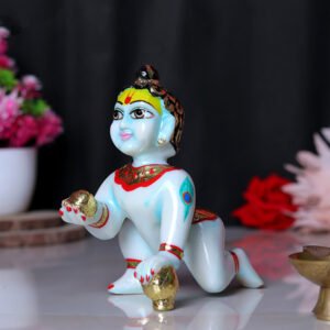 Laddu Gopal Krishna Idol Showpiece for Home Decor, Golden Foil Work (Blue) Marble - 6 Inch - Image 1