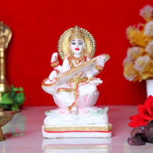 Goddess Maa Saraswati Idol Showpiece for Home Decor (Golden Foil) Marble – 6 Inch
