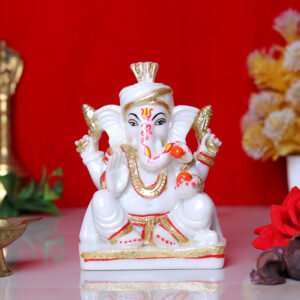 Lord Ganesha Idol Showpiece for Home Decor (Golden Foil) Marble – 6 Inch - Image 1