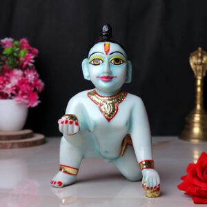 Laddu Gopal Krishna Idol Showpiece for Home Decor, Golden Foil Work (Blue) Marble - 7 Inch - Image 1