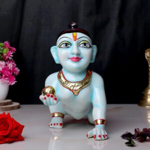 Laddu Gopal Krishna Idol Showpiece for Home Decor, Golden Foil Work (Blue) Marble - 8 Inch - Image 1