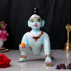Laddu Gopal Krishna Idol Showpiece for Home Decor, Golden Foil Work (Blue) Marble - 9 Inch - Image 1