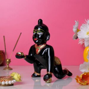 Laddu Gopal Krishna Idol Showpiece for Home Decor, Golden Foil Work (Black) Marble - 7 Inch - Image 1