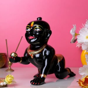 Laddu Gopal Krishna Idol Showpiece for Home Decor, Golden Foil Work (Black) Marble - 8 Inch - Image 1