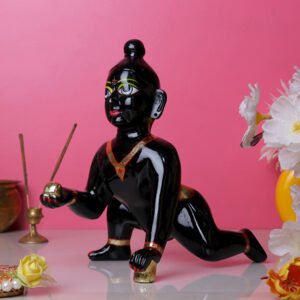Laddu Gopal Krishna Idol Showpiece for Home Decor, Golden Foil Work (Black) Marble - 9 Inch - Image 1