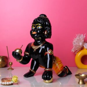 Laddu Gopal Krishna Idol Showpiece for Home Decor, Golden Foil Work (Black) Marble - 12 Inch - Image 1