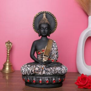 Lord Buddha Idol Showpiece for Home Decor (Black & White) Polyresin – 10.5 Inch - Image 1