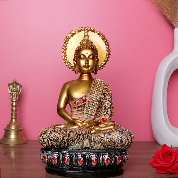 Lord Buddha Idol Showpiece for Home Decor (Golden) Polyresin – 10.5 Inch