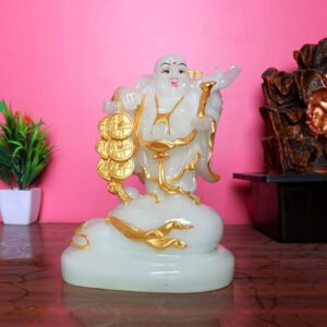 White & Gold Laughing Buddha Statue with Radium Light – 19cm - Image 4
