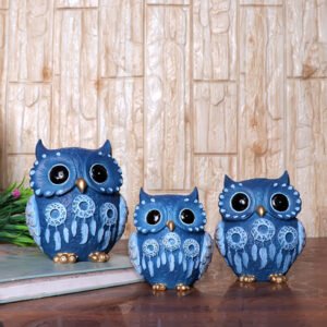 Handcrafted Blue Owl Figurine Set – Decorative Showpiece with Three Different Sizes (Large: 13cm H x 11cm L x 8cm D, Medium: 11cm H x 9cm L x 7cm D, Small: 9.5cm H x 8cm L x 6cm D) - Image 1