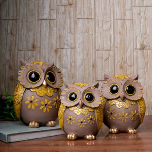 Handcrafted Brown & Green Owl Figurine Set – Decorative Showpiece with Three Different Sizes (Large: 17cm H x 13cm L x 8cm D, Medium: 15cm H x 12cm L x 7cm D, Small: 13cm H x 10cm L x 6cm D) - Image 1