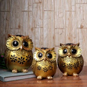 Handcrafted Brown & Green Owl Figurine Set – Decorative Showpiece with Three Different Sizes (Large: 17cm H x 13cm L x 8cm D, Medium: 15cm H x 12cm L x 7cm D, Small: 13cm H x 10cm L x 6cm D) - Image 1