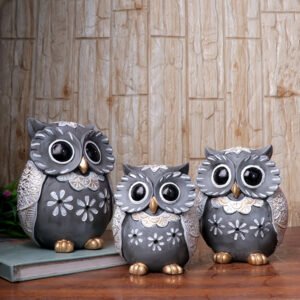 Handcrafted Brown & Green Owl Figurine Set – Decorative Showpiece with Three Different Sizes (Large: 17cm H x 13cm L x 8cm D, Medium: 15cm H x 12cm L x 7cm D, Small: 13cm H x 10cm L x 6cm D) - Image 1