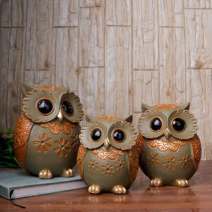 Handcrafted Brown & Green Owl Figurine Set – Decorative Showpiece with Three Different Sizes (Large: 17cm H x 13cm L x 8cm D, Medium: 15cm H x 12cm L x 7cm D, Small: 13cm H x 10cm L x 6cm D) - Image 1