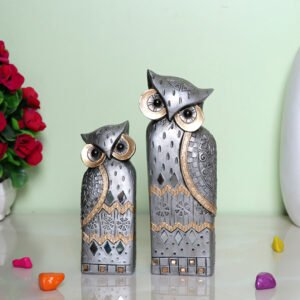 Decorative Golden Owl Figurine Set – Handcrafted Showpiece (Large: 19cm H x 6cm L x 4cm D, Small: 14cm H x 5cm L x 4cm D) - Image 1