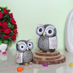 Handcrafted Owl Figurine Set – Decorative Showpiece With Two Different Sizes (Large: 13cm H x 9cm L x 9cm D, Small: 10cm H x 7cm L x 7cm D) - Image 1