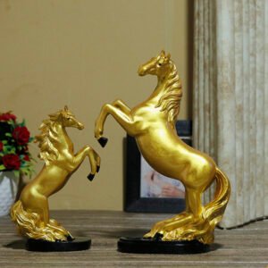 Hand Lighting Horse Showpiece for Home Decor, Set of 2 (Golden) Polyresin – 10 Inch - Image 1