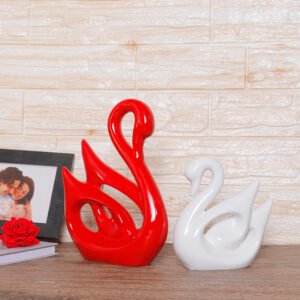 Lucky Swan Couple Showpiece for Home Decor (Red & White) Polyresin – 10 Inch - Image 1