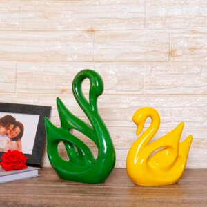 Lucky Swan Couple Showpiece for Home Decor (Green & Yellow) Polyresin – 10 Inch