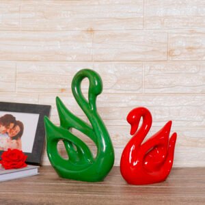 Lucky Swan Couple Showpiece for Home Decor (Green & Red) Polyresin – 10 Inch - Image 1