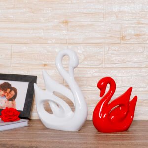 Lucky Swan Couple Showpiece for Home Decor (White & Red) Polyresin – 10 Inch - Image 1