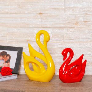 Lucky Swan Couple Showpiece for Home Decor (Yellow & Red) Polyresin – 10 Inch - Image 1