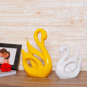 Lucky Swan Couple Showpiece for Home Decor (Yellow & White) Polyresin – 10 Inch - Image 1