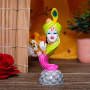 Flute Krishna Idol Showpiece for Home Decor (Green & Pink) Marble – 7 Inch