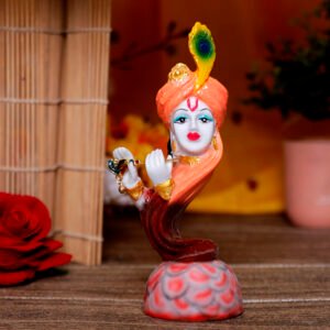 Flute Krishna Idol Showpiece for Home Decor (Orange & Brown) Marble – 7 Inch - Image 1