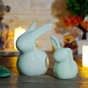 Rabbit Showpiece Set of 2 for Home Decor (Light Green) Polyresin – 5.5 Inch - Image 1