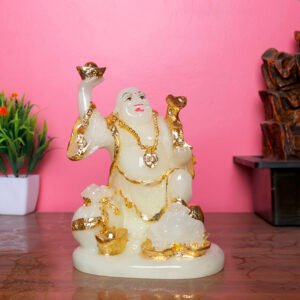 White & Gold Laughing Buddha with Wealth Symbols (H-18cm)