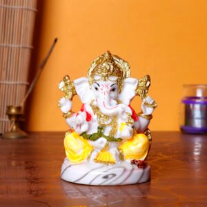 Lord Ganesha Idol | White & Golden Decorative Ganpati Murti | Marble Base | Home, Office, Car Dashboard Showpiece | 10 cm Height - Image 1