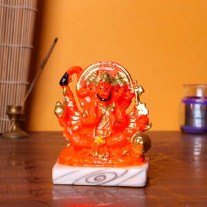 Lord Hanuman Ji Idol | Orange & Golden Decorative Religious Showpiece | Marble Base | 9.5 cm Height