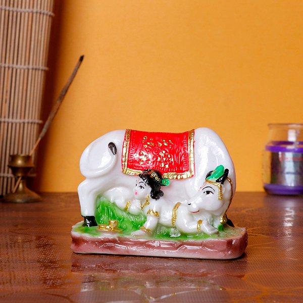 Lord Krishna with Cow Idol | Polyresin Decorative Showpiece | 10 cm (L) x 5 cm (D) x 7 cm (H)
