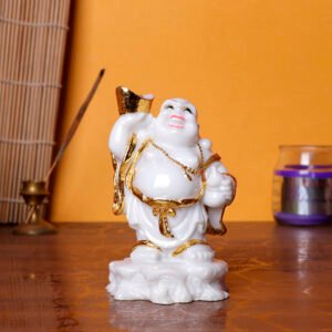 White & Gold Laughing Buddha Statue – 10.5 cm (H) x 6 cm (L) x 6 cm (D) | Feng Shui Good Luck & Prosperity Idol
