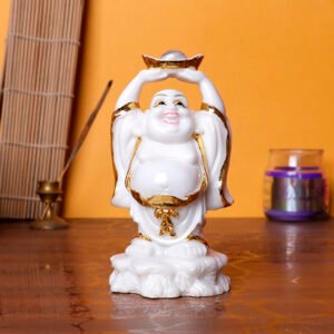 White & Gold Laughing Buddha Statue – 10 cm (H) x 7 cm (L) x 7 cm (D) Feng Shui Figurine for Prosperity & Good Luck - Image 1