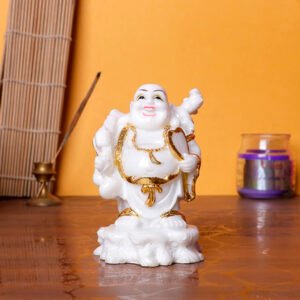 White & Gold Laughing Buddha Statue – 10 cm (H) x 7 cm (L) x 7 cm (D) | Feng Shui Wealth & Happiness Idol
