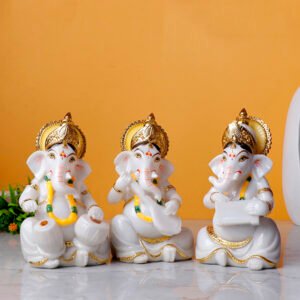 Set of 3 White Ganesh Idols – Musical Ganesha Resin Figurines (15 cm H) for Home, Office & Temple Décor - Image 1