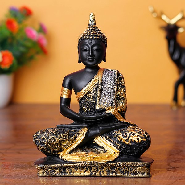 Elegant Buddha Idol in Black & Golden – 16cm