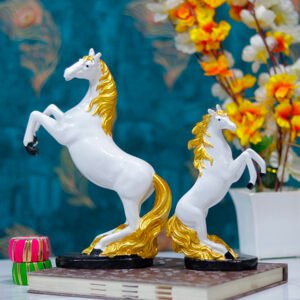 Hand Lighting Horse Showpiece for Home Decor, Set of 2 (White) Polyresin – 10 Inch - Image 1