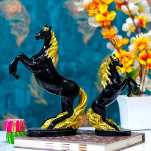 Hand Lighting Horse Showpiece for Home Decor, Set of 2 (Black) Polyresin – 10 Inch