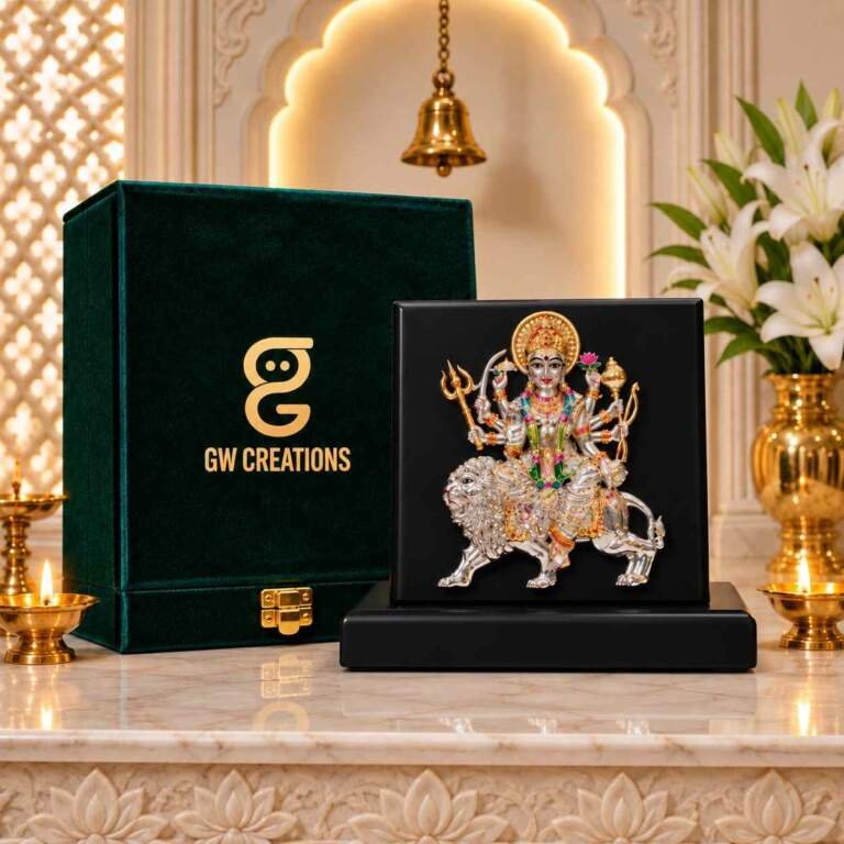 Sherawali Durga Mata Idol (Multicolor) – 6 Inch Silver & Gold Plated Resin Statue | Diwali & Festival Gift