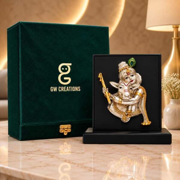 1-100kb Krishna with Cow Gold resin gift idol - view 1 | GW Creations