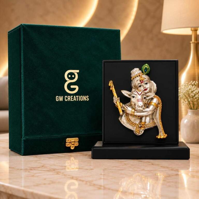 Krishna with Cow Idol (Gold) – 10 Inch Silver & Gold Plated Resin Statue | Diwali & Festival Gift