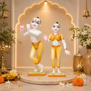 Jugal Jodi Radha & Krishna Idol (Yellow) – 9 Inch Marble Statue | Diwali & Janmashtami Gift